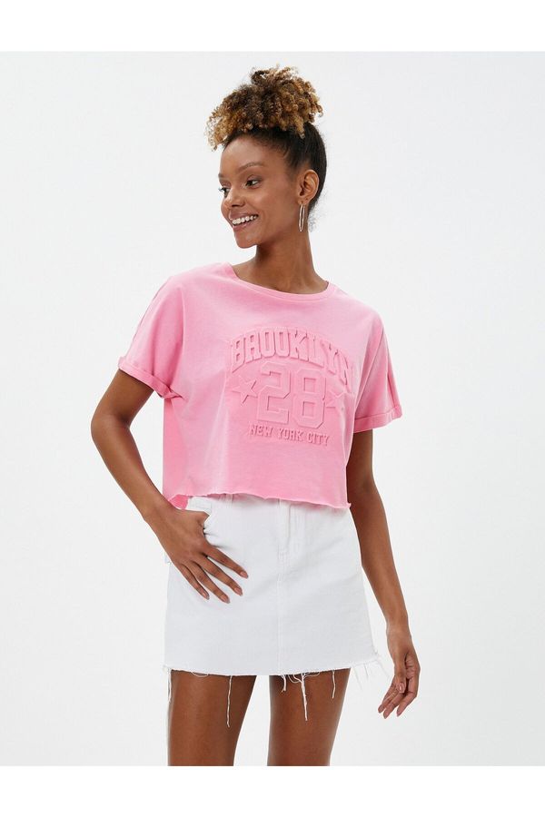 Koton Koton College T-Shirt with Slogan Embossed Crew Neck Short Sleeves.