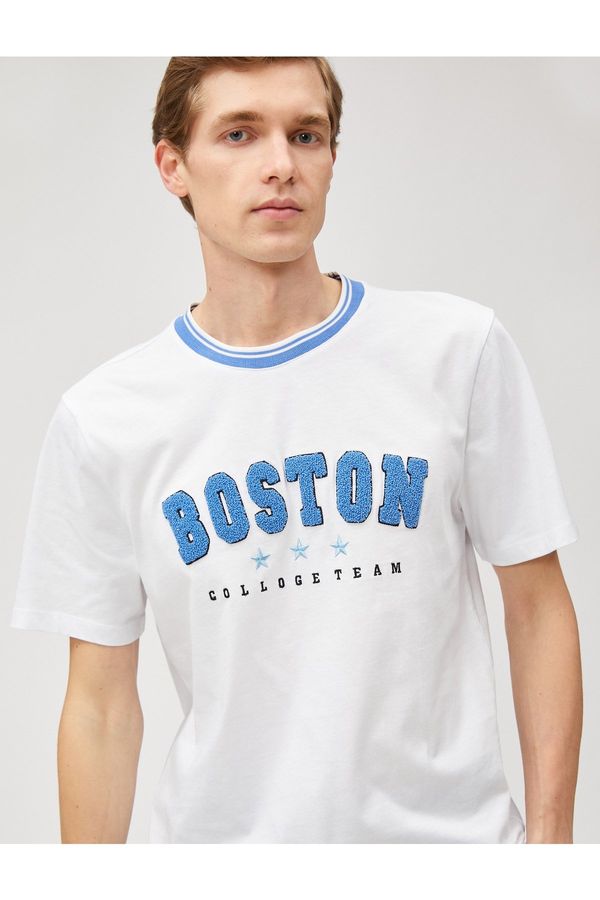 Koton Koton College T-shirt. Crew Neck Trims Embroidered Appliques Detailed Short Sleeves.