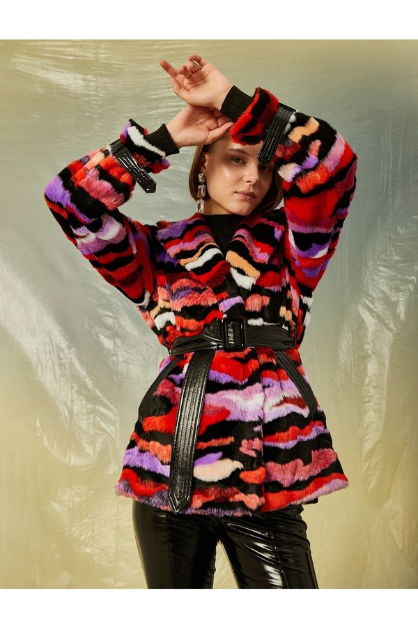 Koton Koton Color Blocked Belted Short Plush Coat