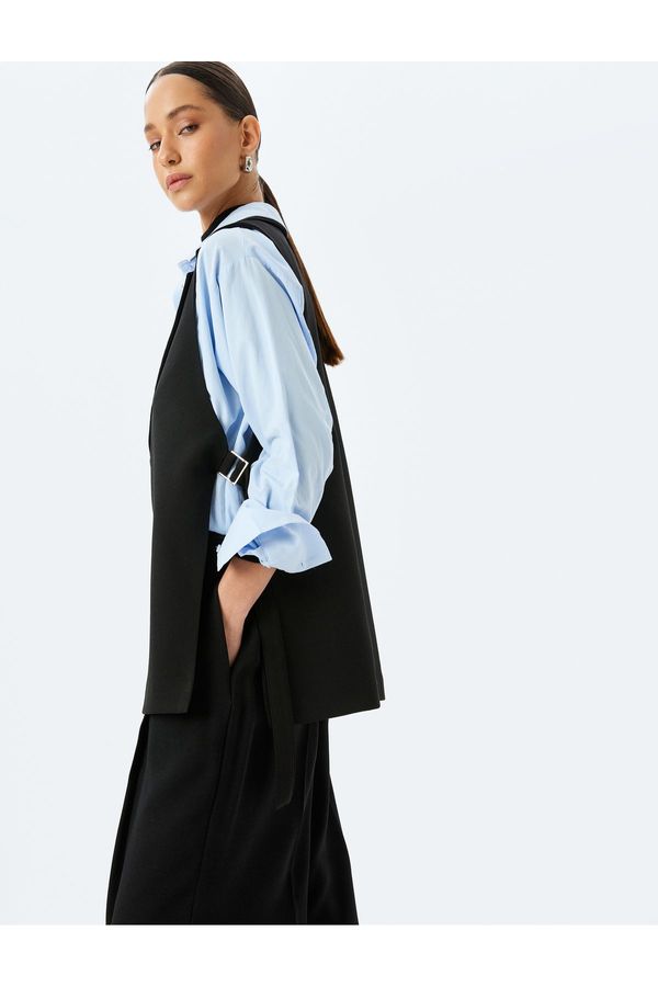 Koton Koton Crepe Fabric Double Breasted Long Vest with Side Ties