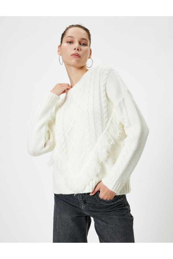 Koton Koton Crew Neck Knitwear Sweater Hair Knit Textured Tassel Long Sleeve