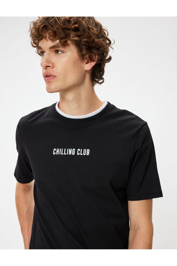 Koton Koton Crew Neck T-Shirt Slogan Printed Short Sleeve Piping Cotton