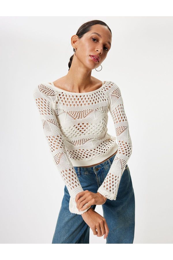 Koton Koton Crochet T-Shirt Long Sleeve Boat Neck Viscose Blend