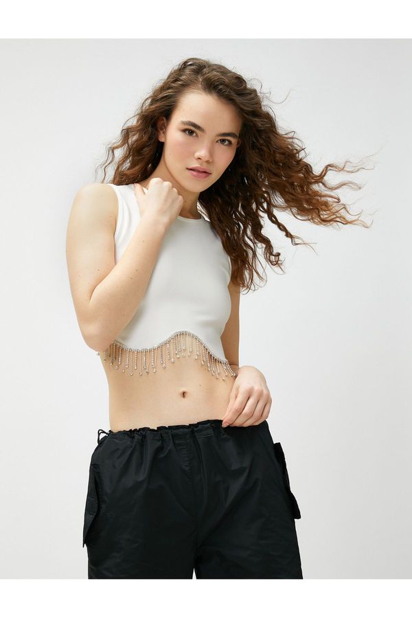 Koton Koton Crop Athlete Dangling Shiny Stone Detailed Crew Neck