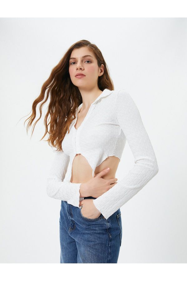 Koton Koton Crop Blouse Asymmetric Cut Textured Slim Fit Long Sleeve Shirt Collar