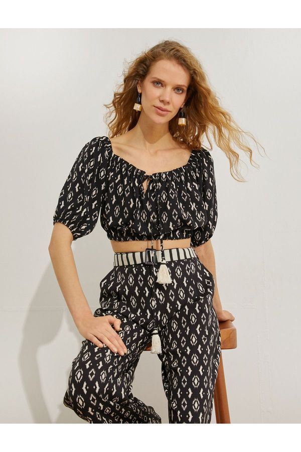 Koton Koton Crop Blouse Ethnic Printed Elastic Detailed