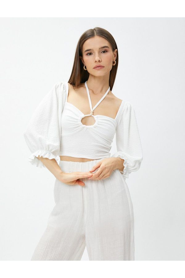 Koton Koton Crop Blouse Gimped Balloon Sleeve Collar Detailed