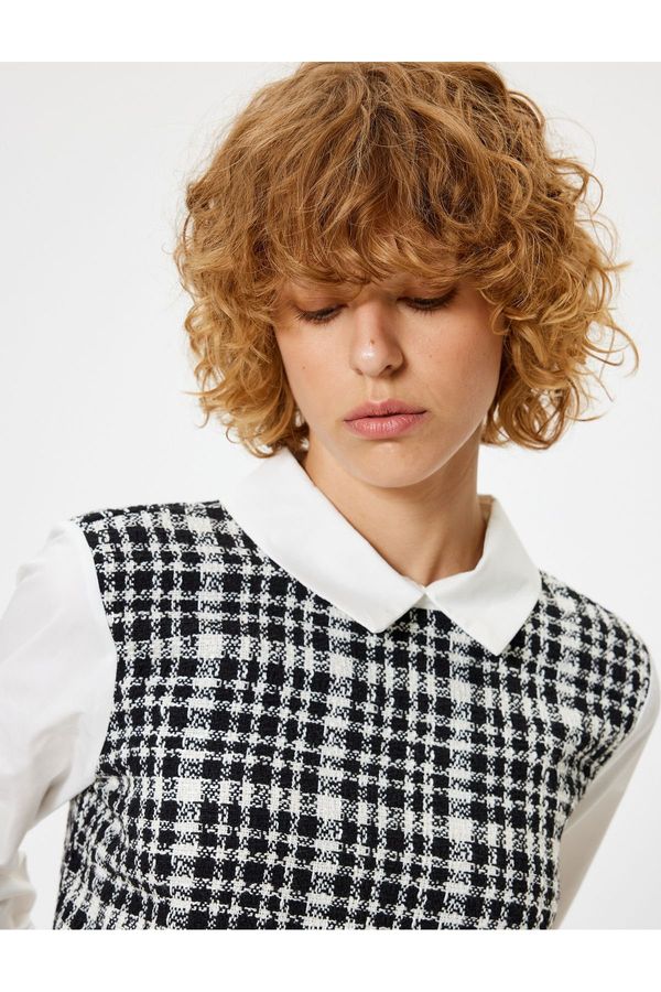 Koton Koton Crop Blouse Shirt Collar Tweed Detail Slim Fit