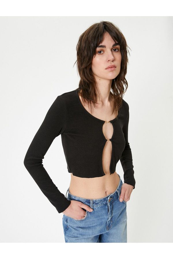 Koton Koton Crop Cardigan Crew Neck Metal Accessory