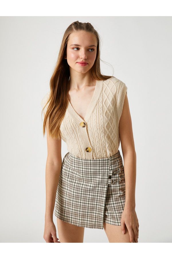 Koton Koton Crop Cardigan Sleeveless Buttoned V Neck Knit Patterned