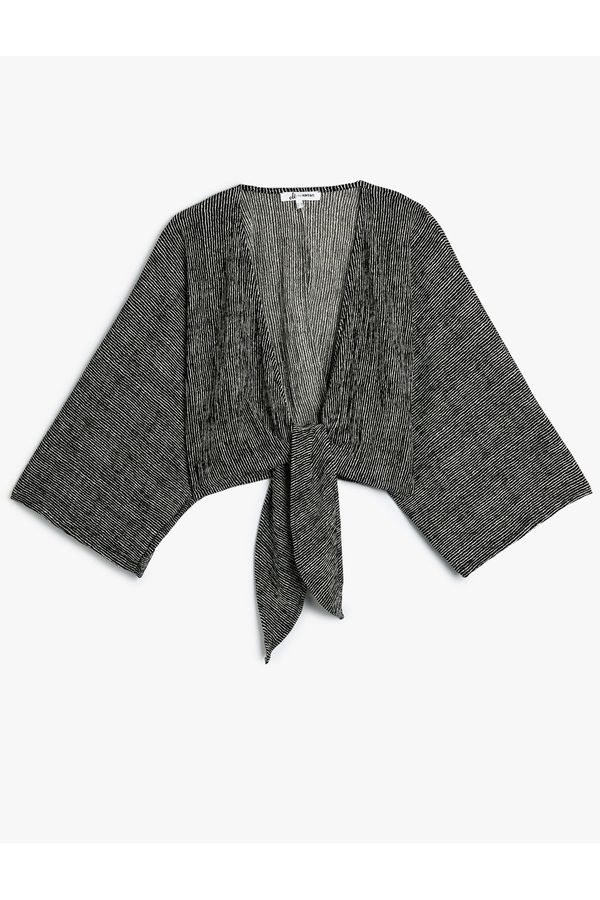 Koton Koton Crop Cardigan with Wrap Tie Detail V-Neck Bat Sleeve