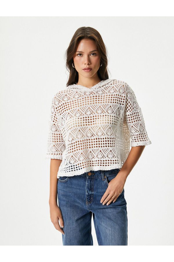 Koton Koton Crop Crochet Sweatshirt Hooded Short Sleeve Openwork