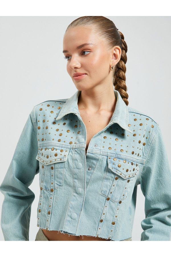 Koton Koton Crop Denim Jacket Cotton Staple Detailed Flap Double Pockets