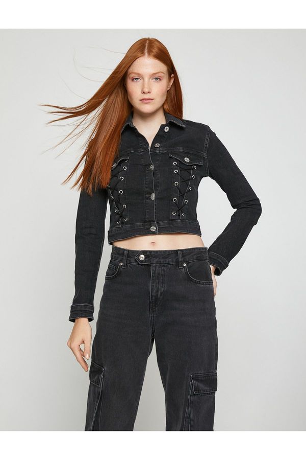 Koton Koton Crop Denim Jacket Eyelet Detailed