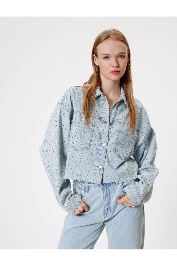 Koton Koton Crop Denim Jacket Stone Detailed Classic Collar Buttoned Pocket