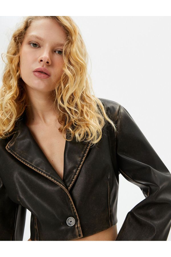Koton Koton Crop Faux Leather Jacket Vintage Look Reverse Double Breasted Collar Long Sleeve