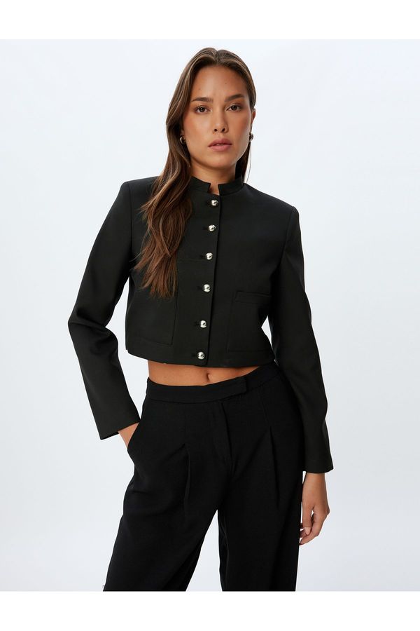 Koton Koton Crop Jacket Stand Collar Pocket Buttoned Long Sleeve