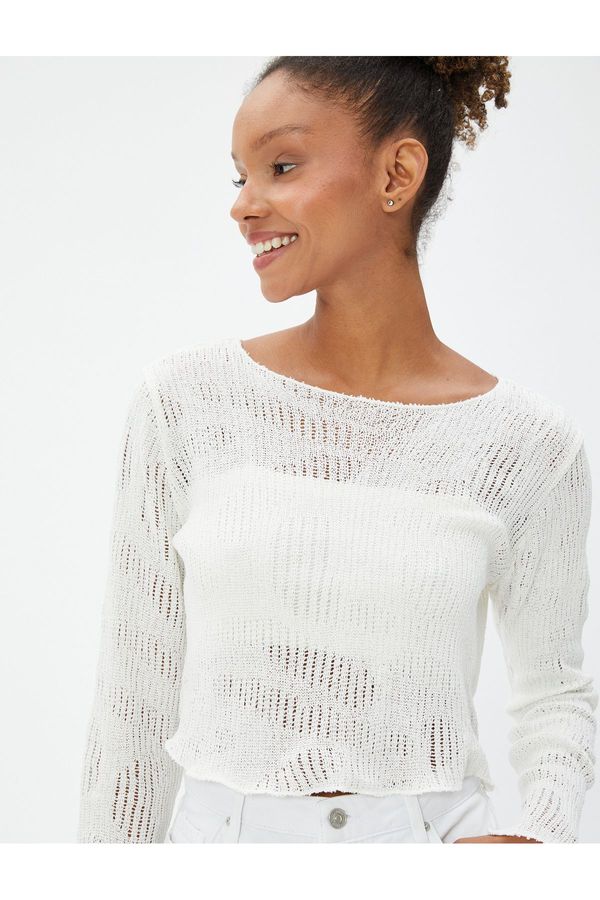 Koton Koton Crop Knitwear T-Shirt Long Sleeve Openwork Crew Neck