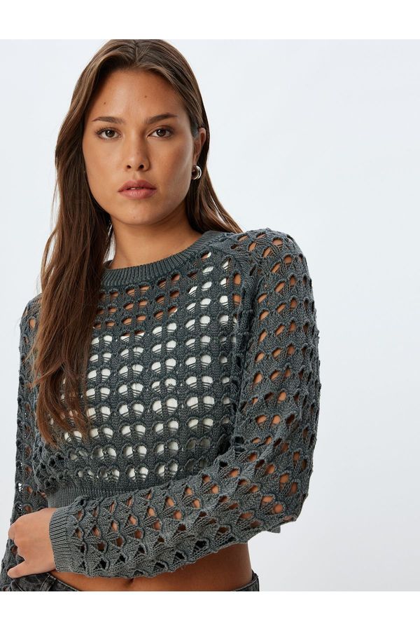 Koton Koton Crop Openwork Knitwear Sweater Long Sleeve Round Neck