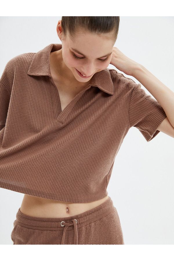 Koton Koton Crop Pajama Top Polo Neck Textured Short Sleeve