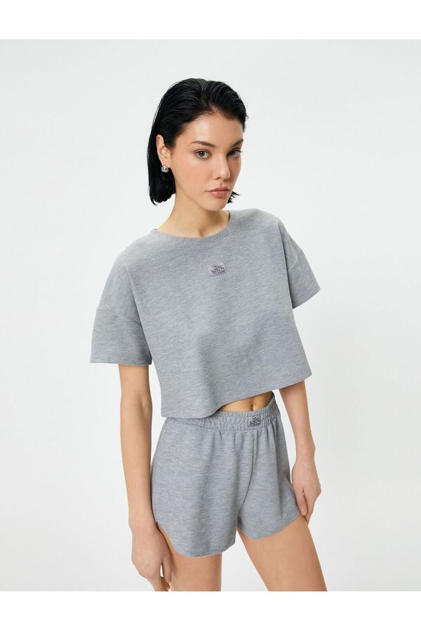 Koton Koton Crop Pajama Top Short Sleeve Crew Neck Label Detailed Textured