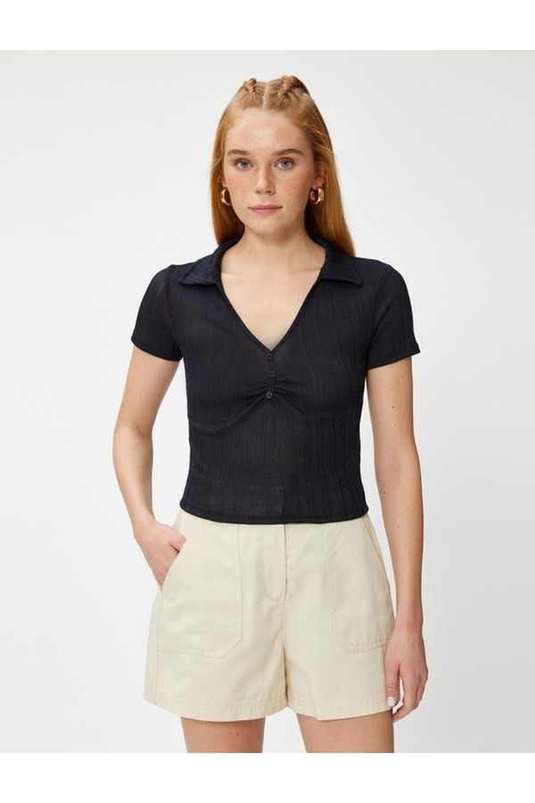 Koton Koton Crop Polo T-Shirt Striped Drape Detailed