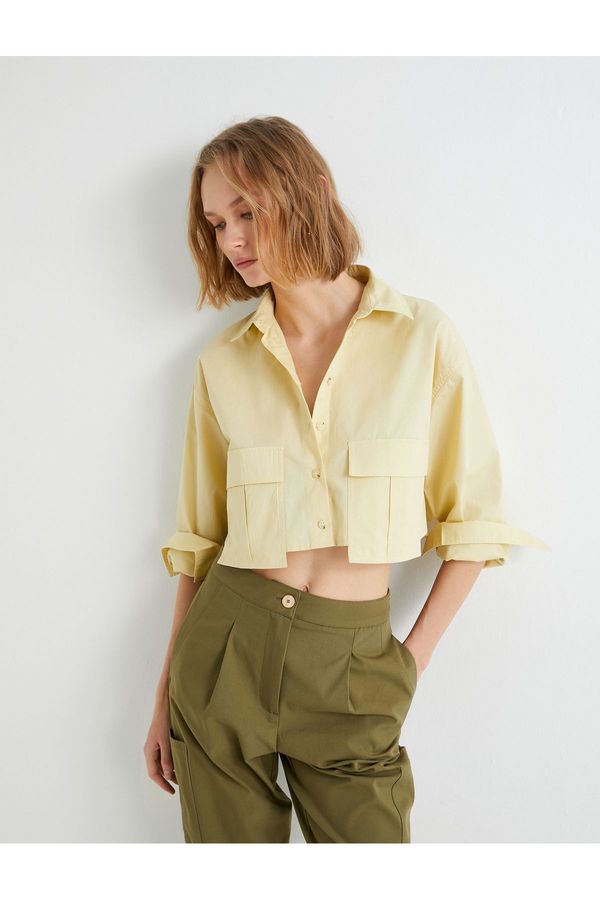 Koton Koton Crop Poplin Shirt Cargo Pocket Buttoned Long Sleeve Cotton