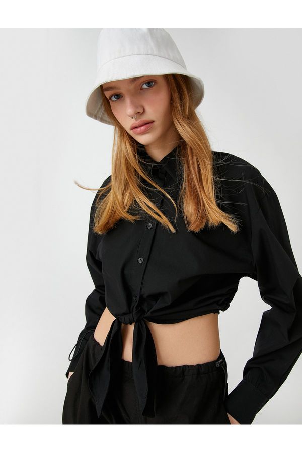 Koton Koton Crop Poplin Shirt Front Tie Detailed Long Sleeve Buttoned