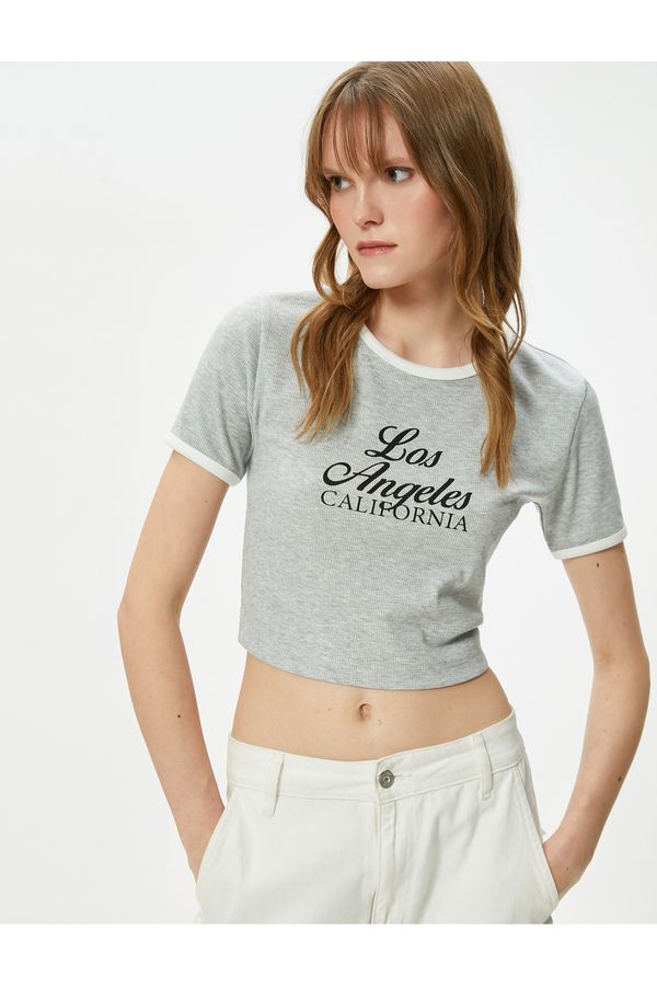 Koton Koton Crop Printed T-Shirt Short Sleeve Ribbed
