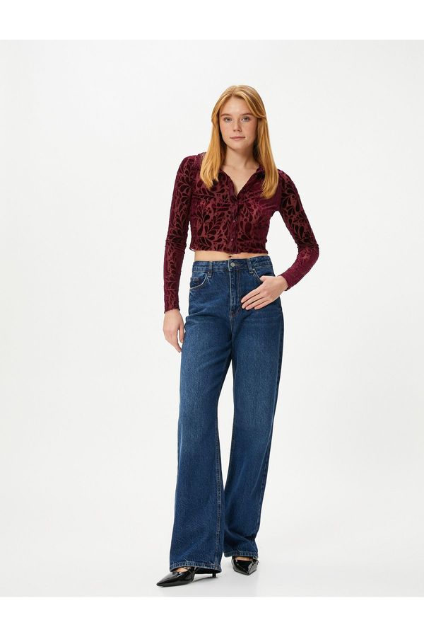 Koton Koton Crop Sheer Shirt Velvet Textured Buttoned Long Sleeve