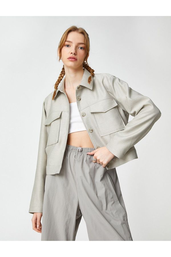 Koton Koton Crop Shirt Jacket Long Sleeve Pocket Detailed Buttoned Classic Collar