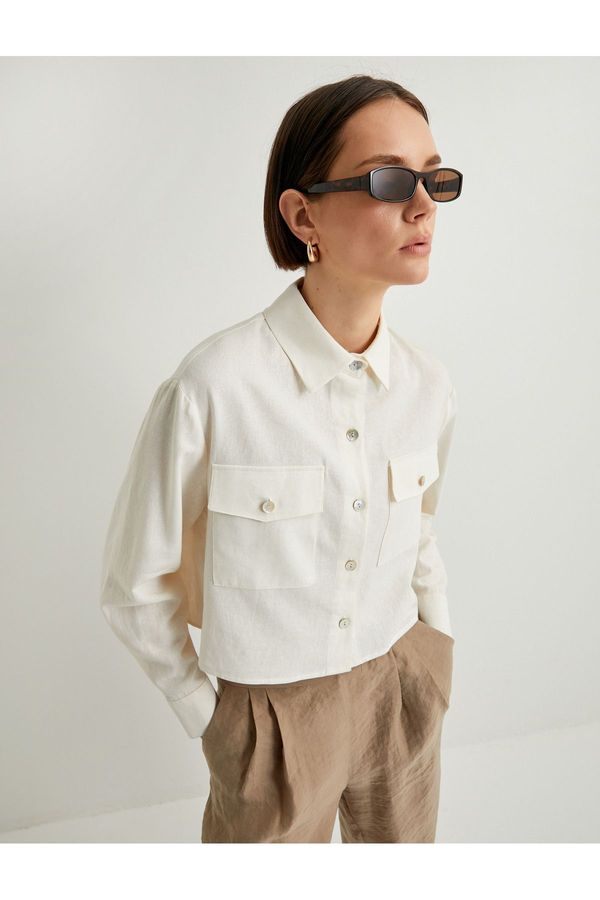 Koton Koton Crop Shirt Linen Blend Long Sleeve Pocket Buttoned