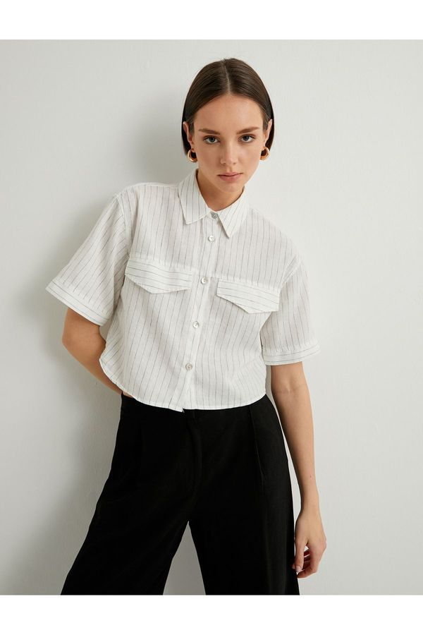 Koton Koton Crop Shirt Short Sleeve Pocket Detailed Buttoned Linen Blend