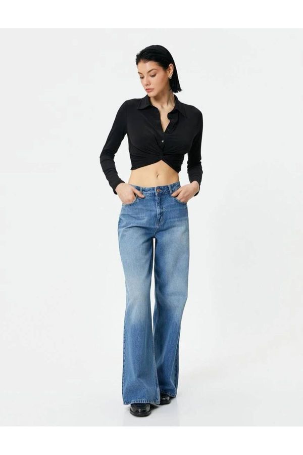 Koton Koton Crop Shirt Slim Fit Classic Collar with Binding Detail