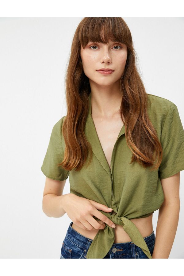 Koton Koton Crop Shirt Tied Front with Buttons Short Sleeve Viscose Blend