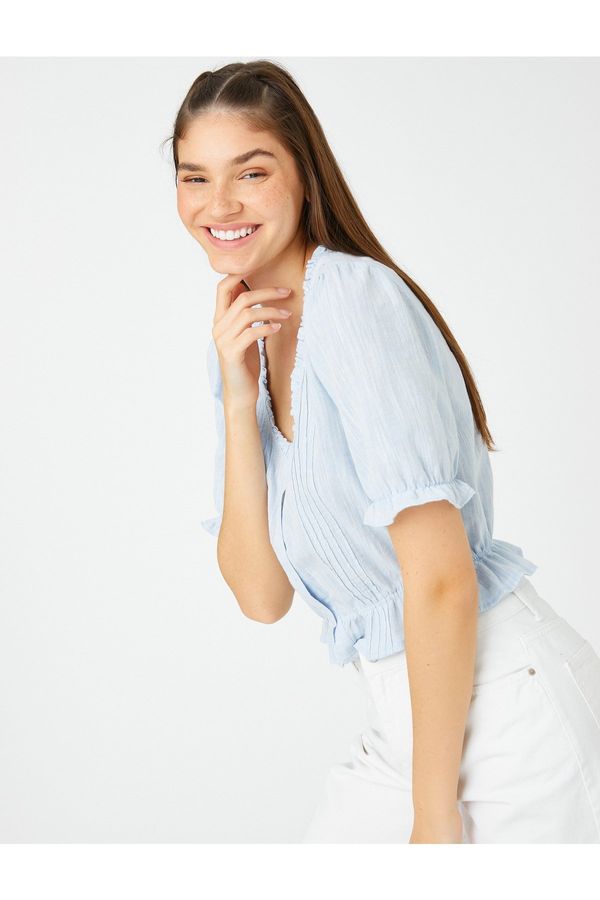 Koton Koton Crop Shirt with Balloon Sleeves, Frilled and Buttoned Front