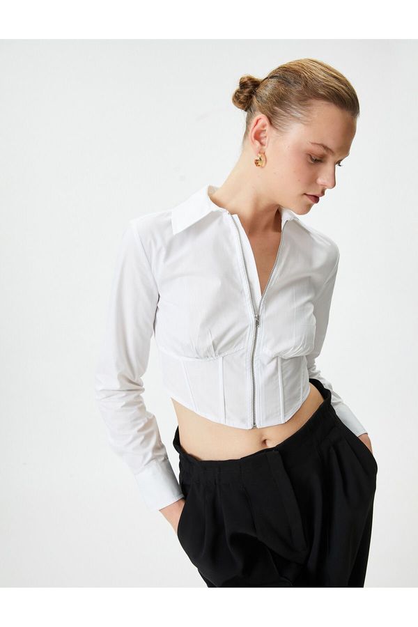 Koton Koton Crop Shirt Zippered Corset Detail Cotton