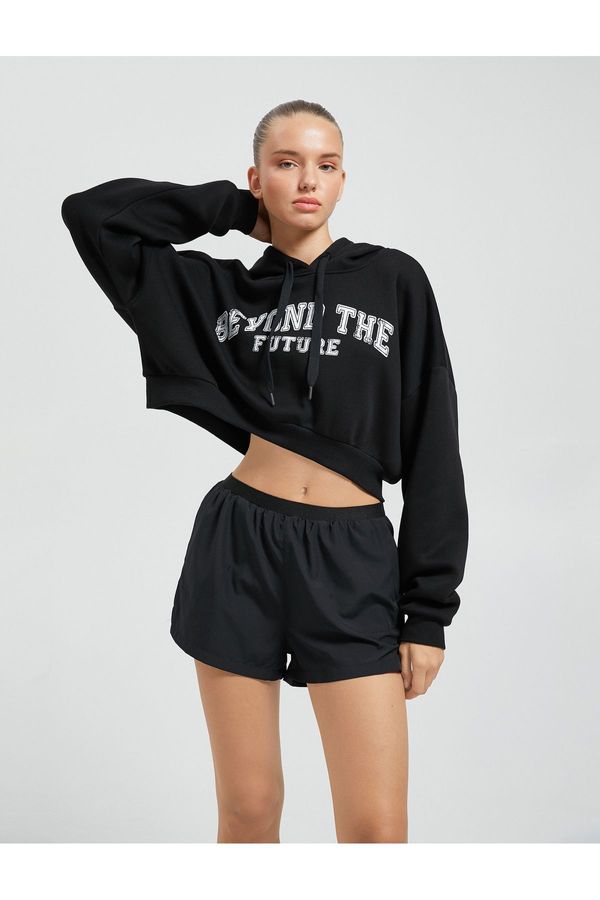 Koton Koton Crop Sweatshirt Sports Slogan Embroidered Hoodie with Ribbed