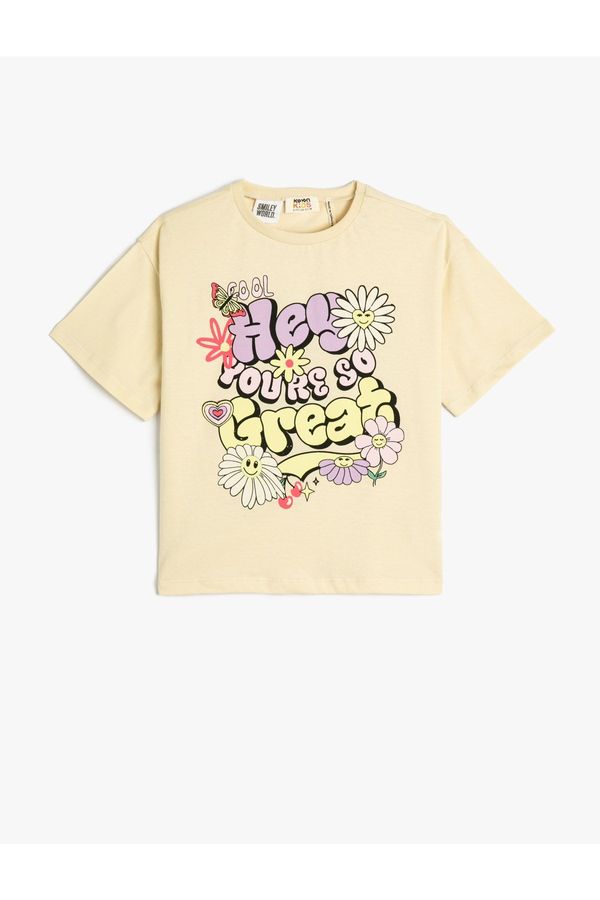 Koton Koton Crop T-Shirt Floral Short Sleeve Crew Neck Cotton