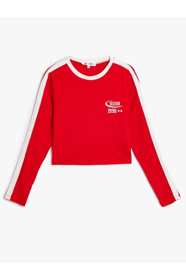 Koton Koton Crop T-Shirt Long Sleeve College Printed Crew Neck Piping Slim Fit