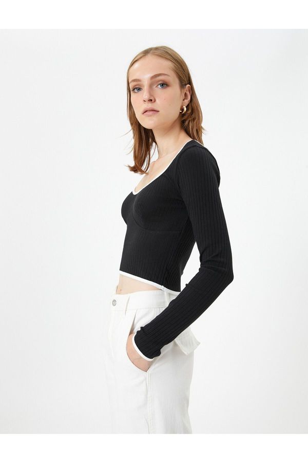 Koton Koton Crop T-Shirt Long Sleeve U Neck Piping Detailed Ribbed