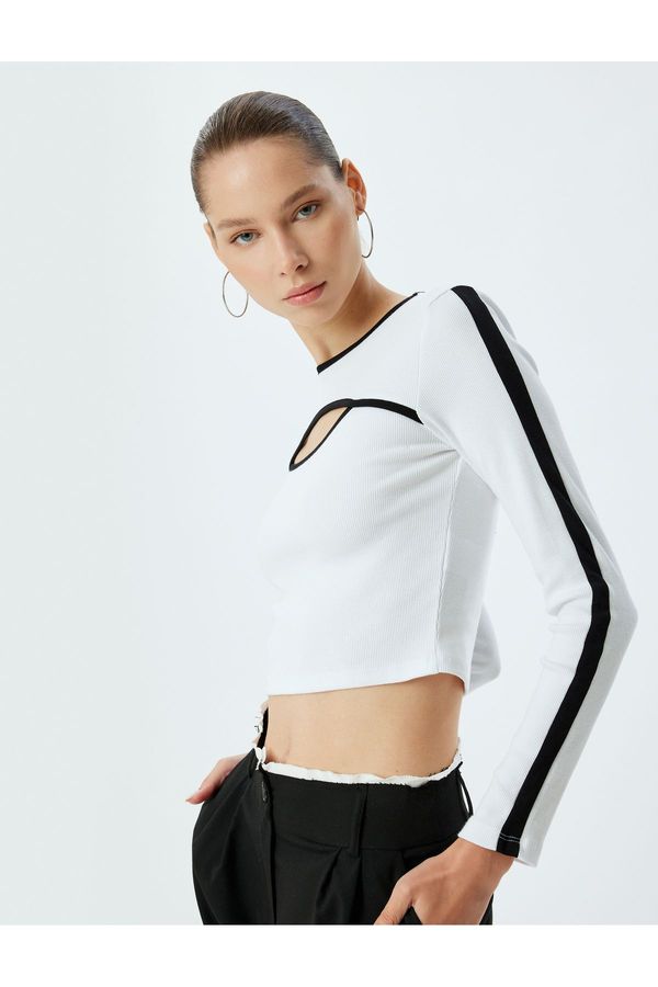 Koton Koton Crop T-Shirt Long Sleeve Window Detail Slim Fit Crew Neck Piping