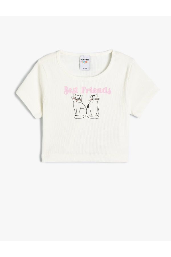 Koton Koton Crop T-Shirt Short Sleeve Cat Printed Crew Neck