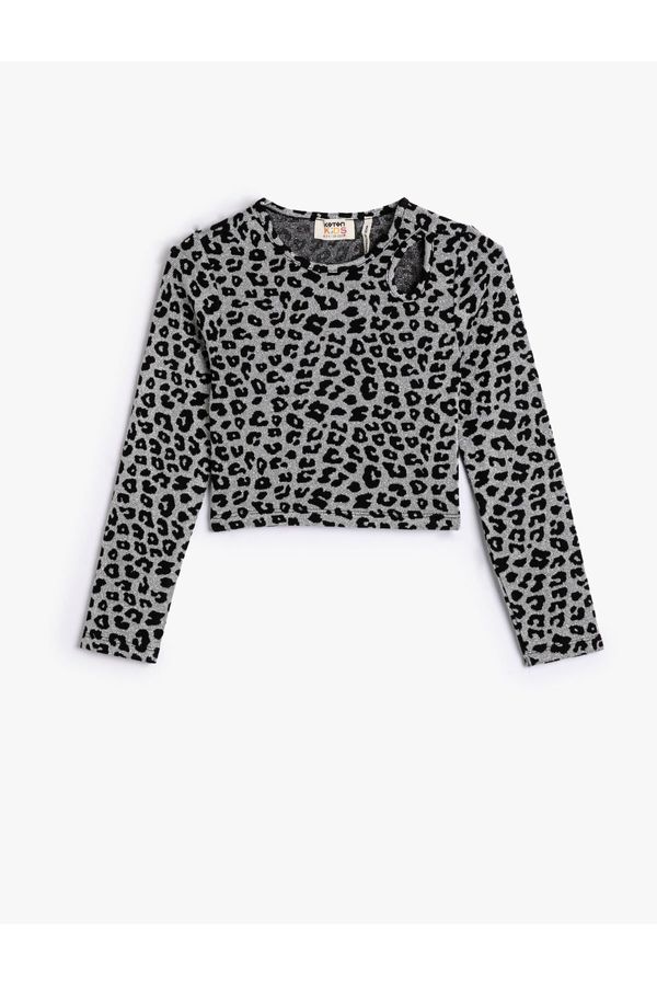 Koton Koton Crop T-Shirt Window Detailed Long Sleeve Leopard Print Round Neck