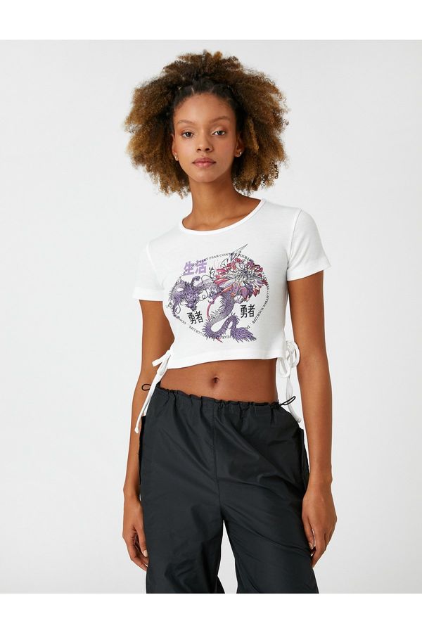 Koton Koton Crop T-Shirt with Oriental Print Short Sleeves Lacing Detail