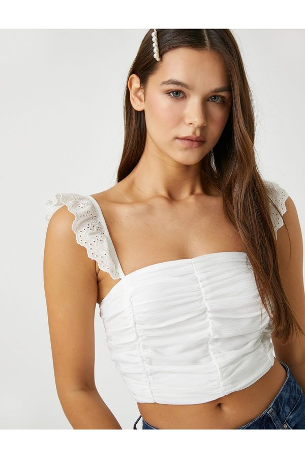 Koton Koton Crop Top Embroidered Ruffled Straps Detailed Pleated Square Collar
