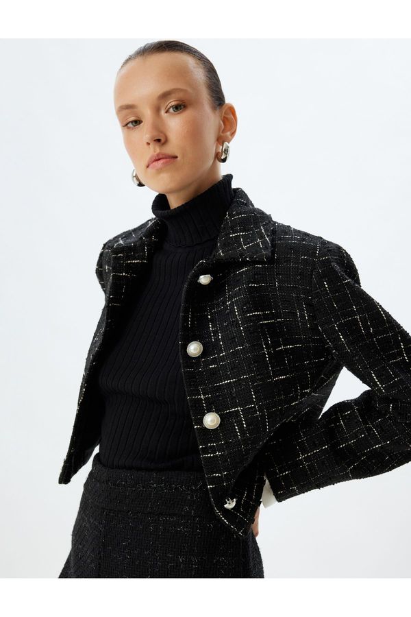 Koton Koton Crop Tweed Jacket Pearl Button Detail Shirt Collar