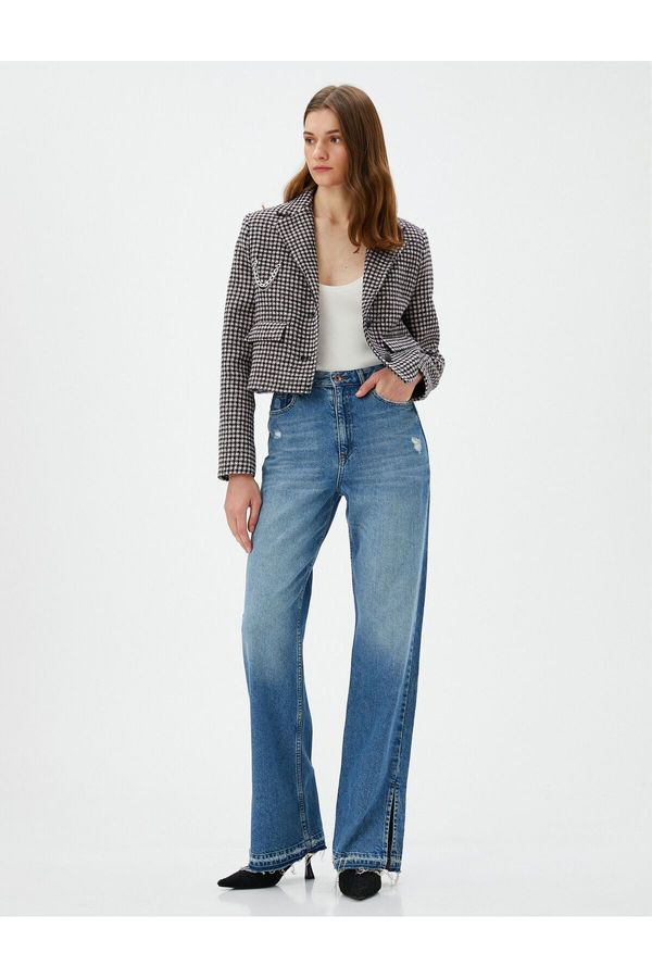 Koton Koton Crop Tweed Jacket Pockets Buttoned Chain Detail