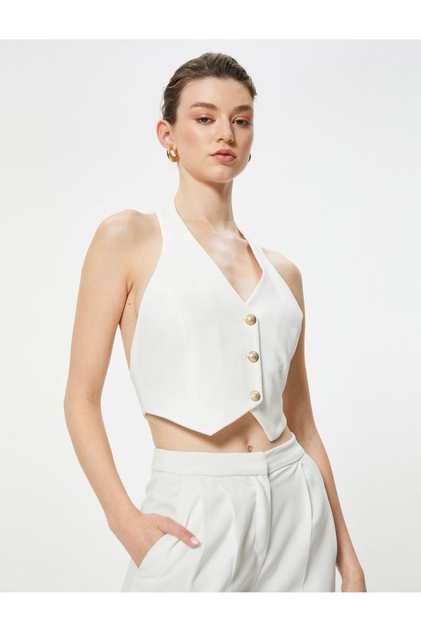 Koton Koton Crop Vest V-Neck Buttoned Standard Cut