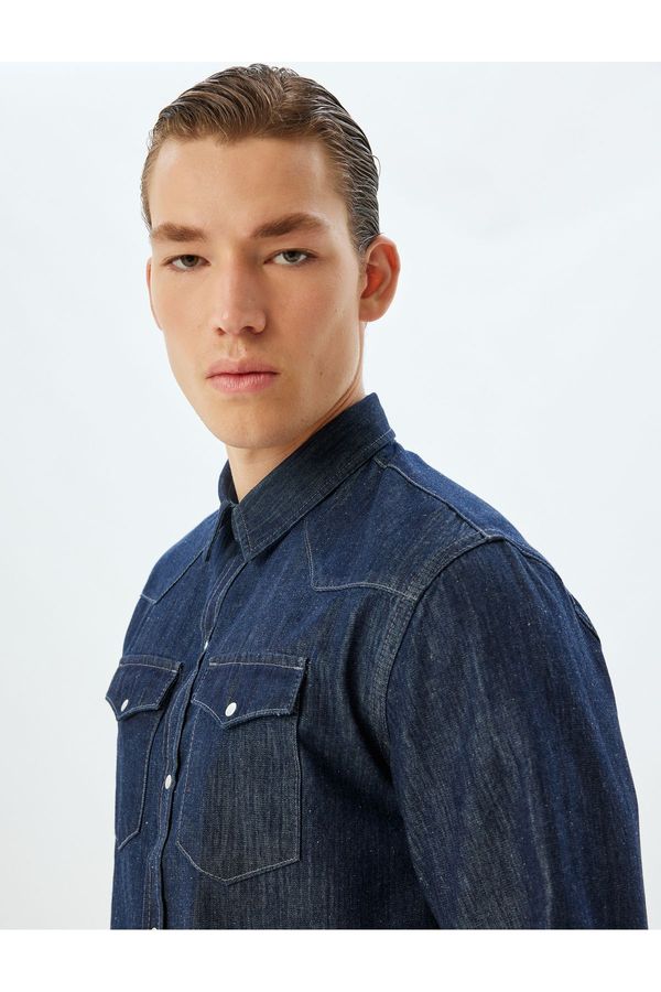 Koton Koton Denim Shirt Jacket Flap Pocket Detail Cotton